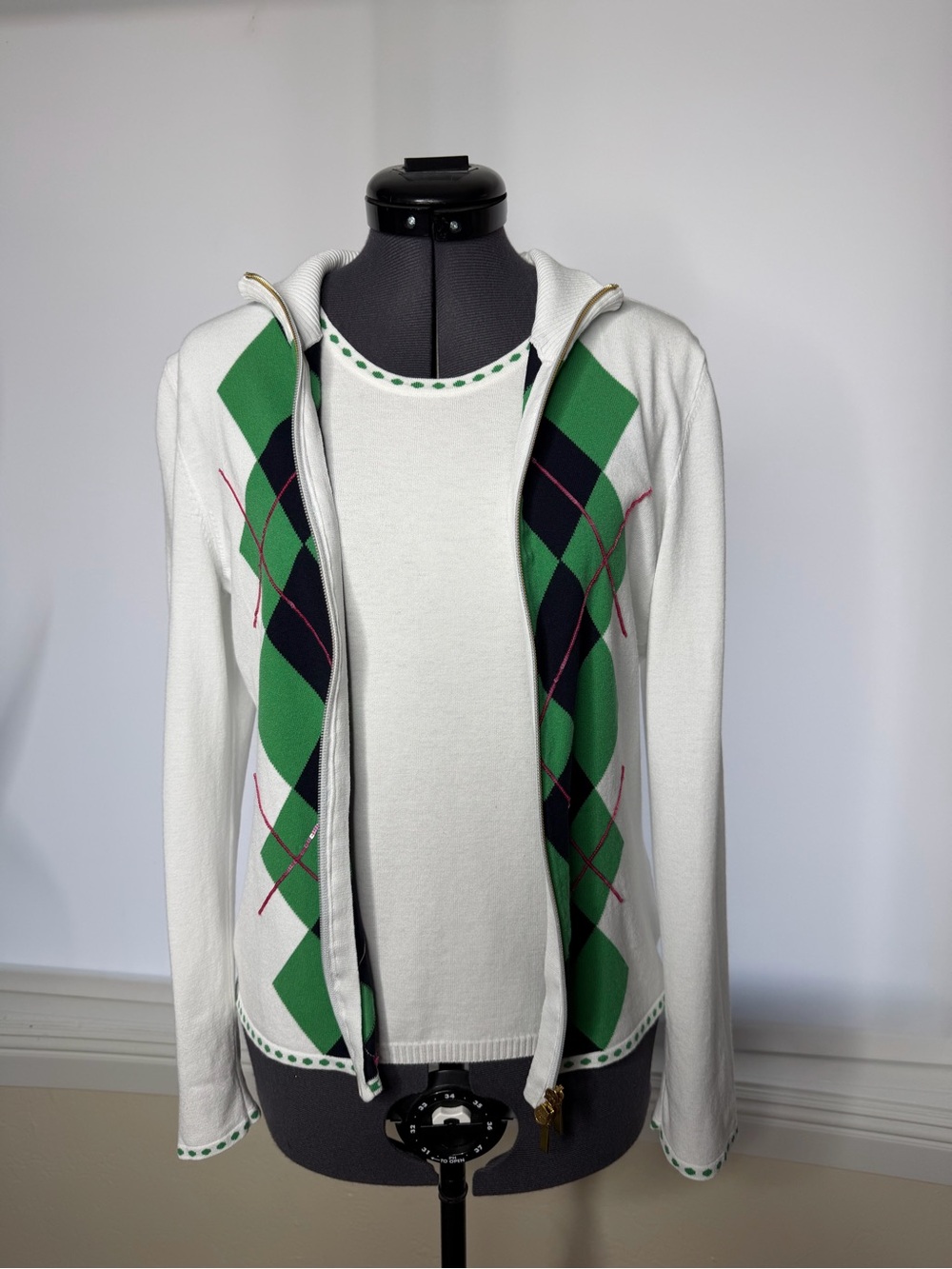 Les Copains White Cardigan with Green and Black Argyle